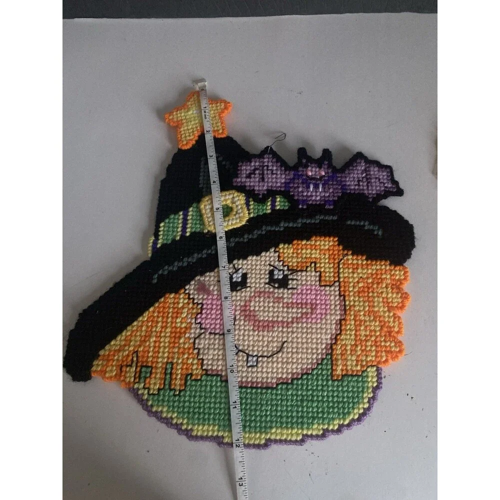 VTG  Halloween Pumpkins Witch  & Cat Wall Hanging Needlepoint Plastic Canvas